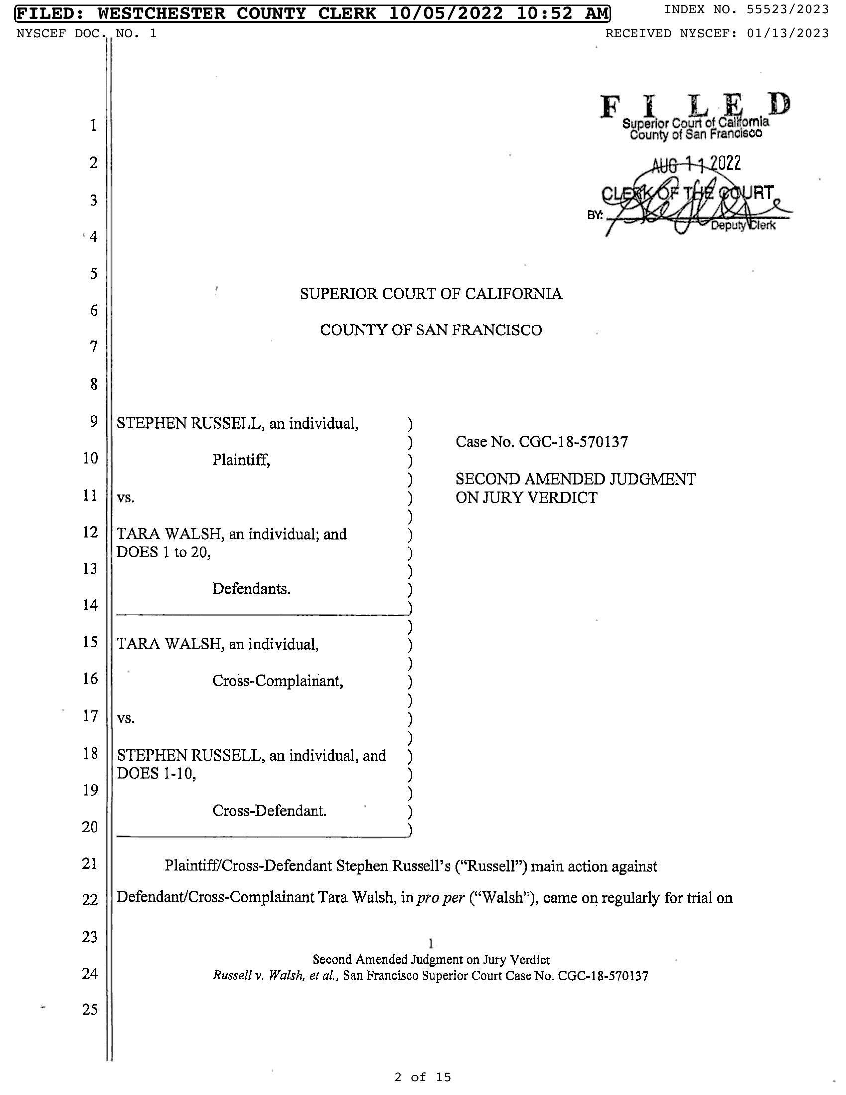 Verdict Forms cover page, Russell v. Walsh, Case No. CGC-18-570137, Superior Court of California, County of San Francisco, Unlimited Jurisdiction. Filed February 22, 2022.