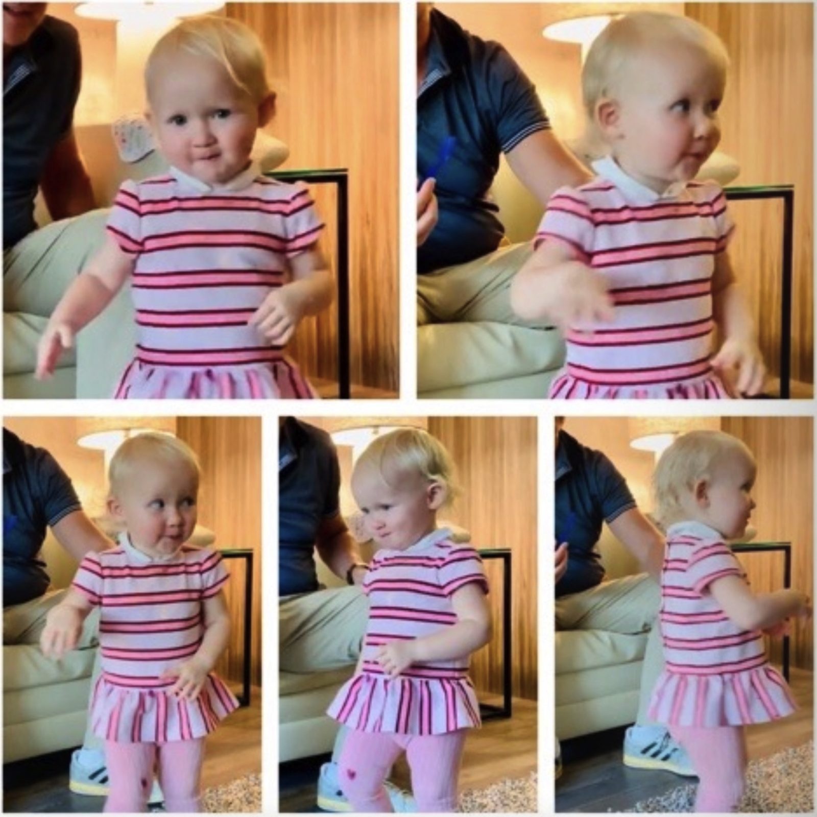 Five-panel sequence of toddler Evie walking — pink striped dress, tights, white shoes, arms out for balance. Steve's arm reaching from the edge of the frame.
