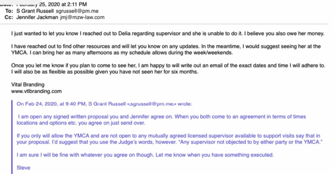 Email exchange between Tara Walsh and Steve Russell, February 2020. Tara writes that Delia Farquharson is unable to supervise and that Steve also owes her money. Steve replies that he is open to any signed written proposal.