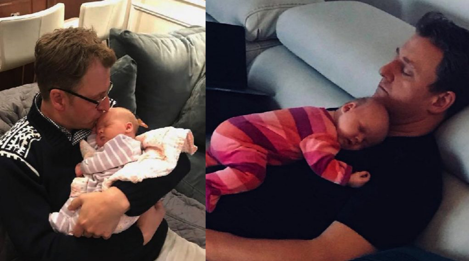 Diptych — LEFT: Steve in Nordic sweater kissing newborn Evie. RIGHT: Steve asleep on sofa with baby Evie in pink stripes on his chest.