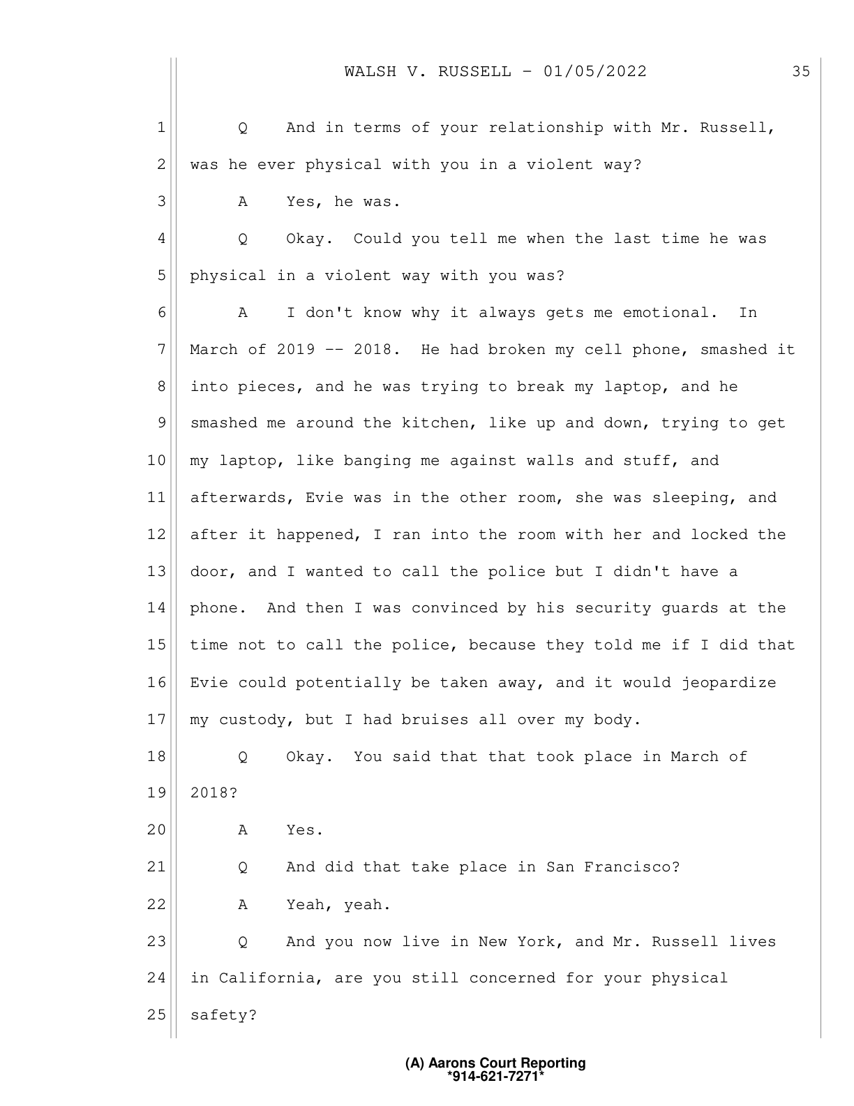 Tara Walsh testimony: he smashed me around the kitchen, banging me against walls, I had bruises all over my body